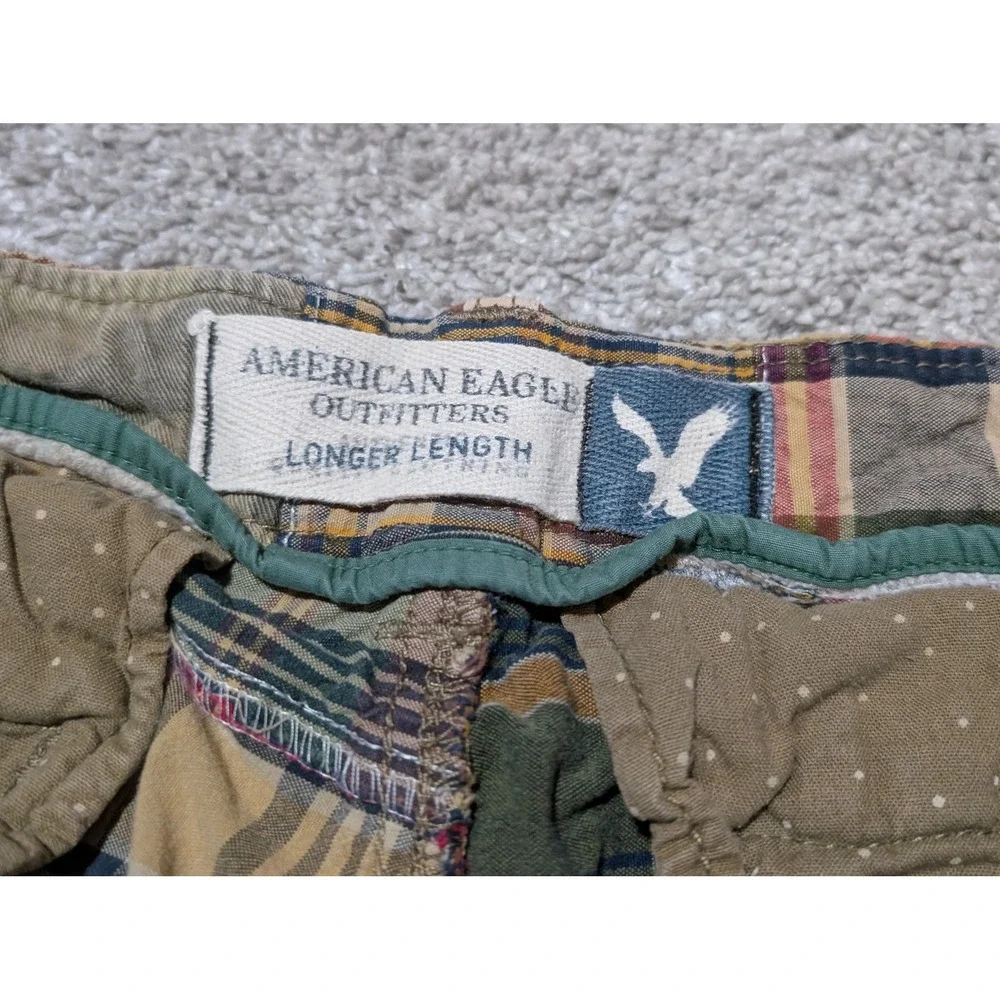 American Eagle Shorts Mens 34 Multicolor Patchwork Plaid Camo Longer Length Flat